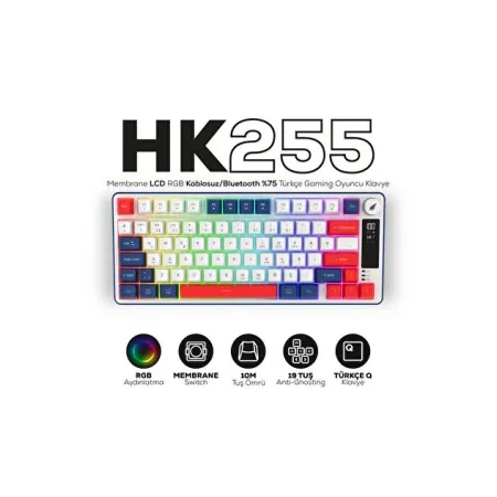 HAWK GAMING HK255 Membrane LCD RGB Kablosuz/Bluetooth Mavi Kırmızı Türkçe Gaming Oyuncu Klavye