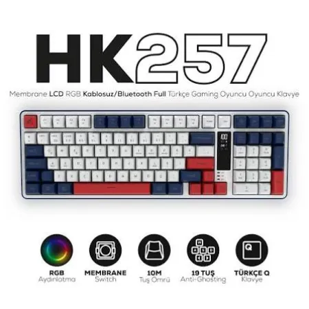 HAWK Gaming HK257 Membrane LCD RGB Kablosuz/Bluetooth Kırmızı Mavi Full Türkçe Gaming Klavye