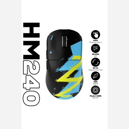 HAWK Gaming HM240 8K Hz 26000 DPI PixArt 3395 Tri-Mode Kablosuz/Bluetooth Siyah Gaming Mouse