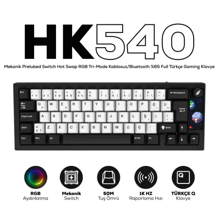 HAWK HK540 Mekanik Prelubed Switch Hot Swap RGB Kablosuz/Bluetooth Full Türkçe Gaming Klavye