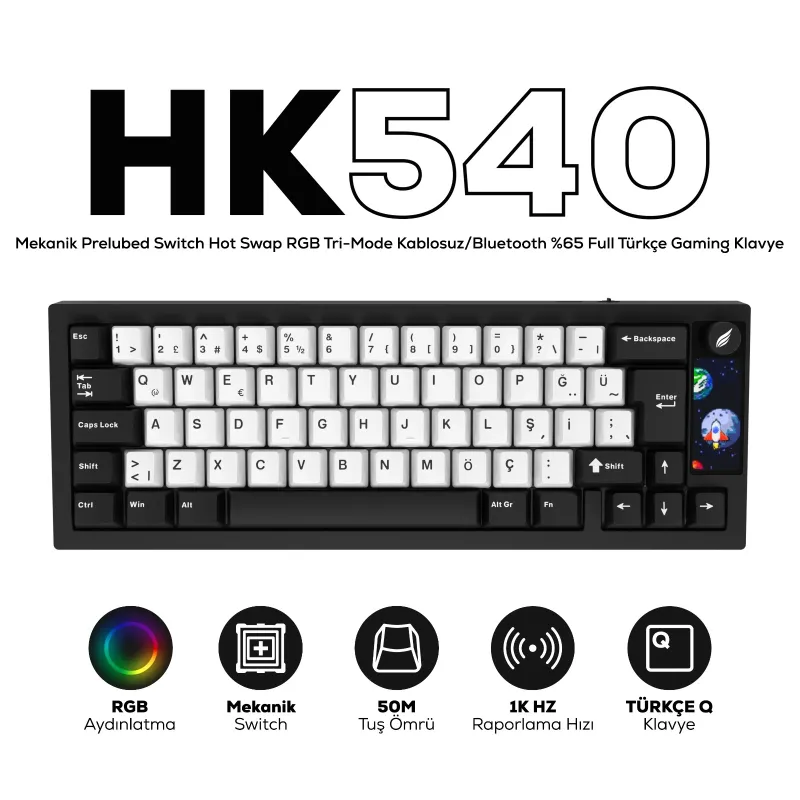 HAWK HK540 Mekanik Prelubed Switch Hot Swap RGB Kablosuz/Bluetooth Full Türkçe Gaming Klavye